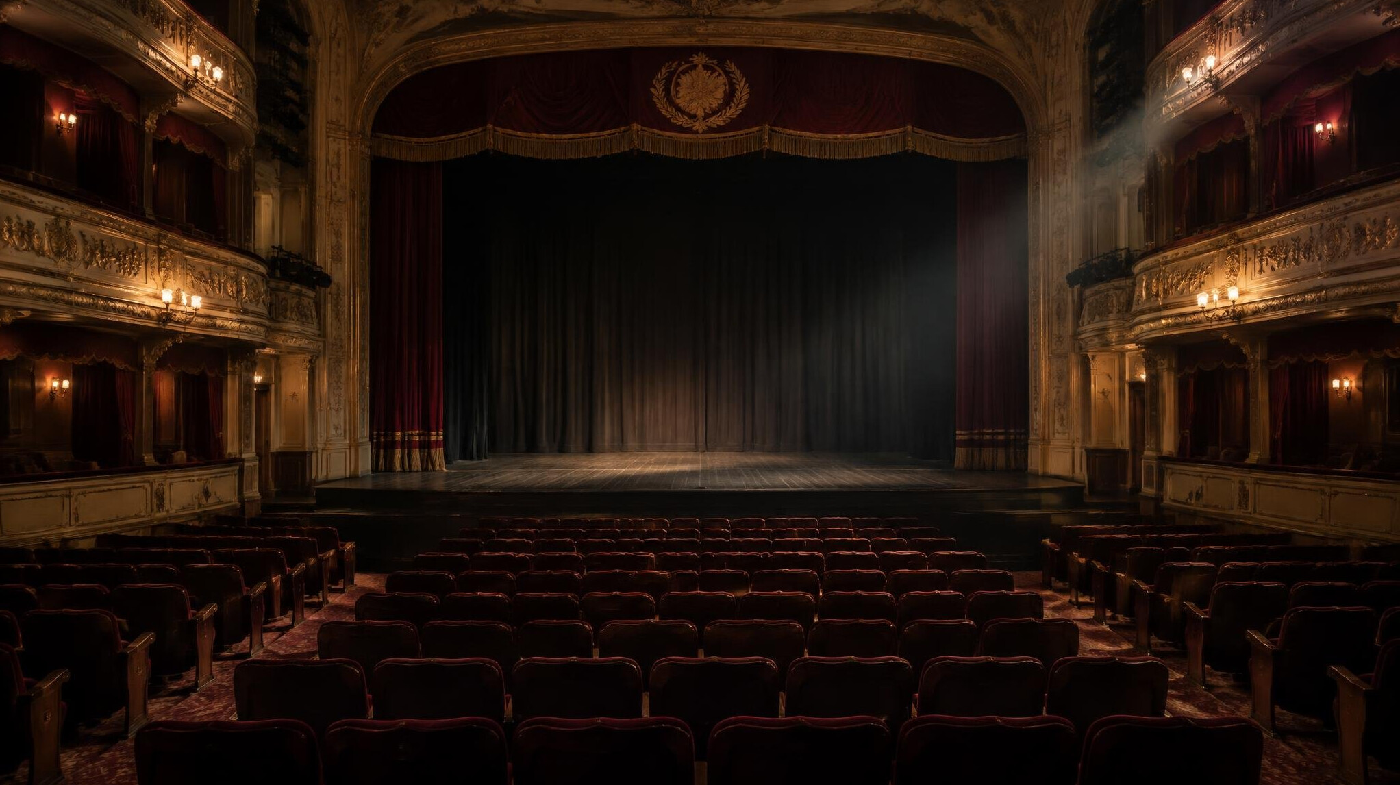 Empty historic theatre hall with rows of seats facing a stage