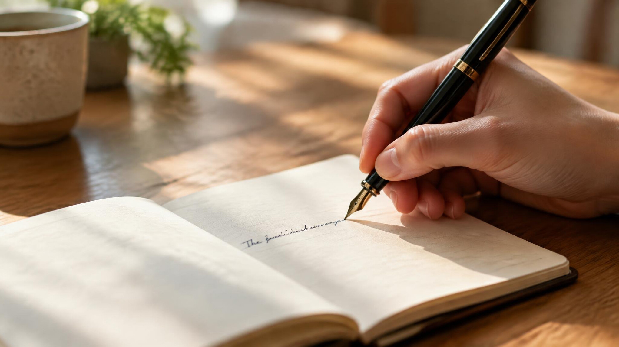Hand writing in a notebook next to a pen