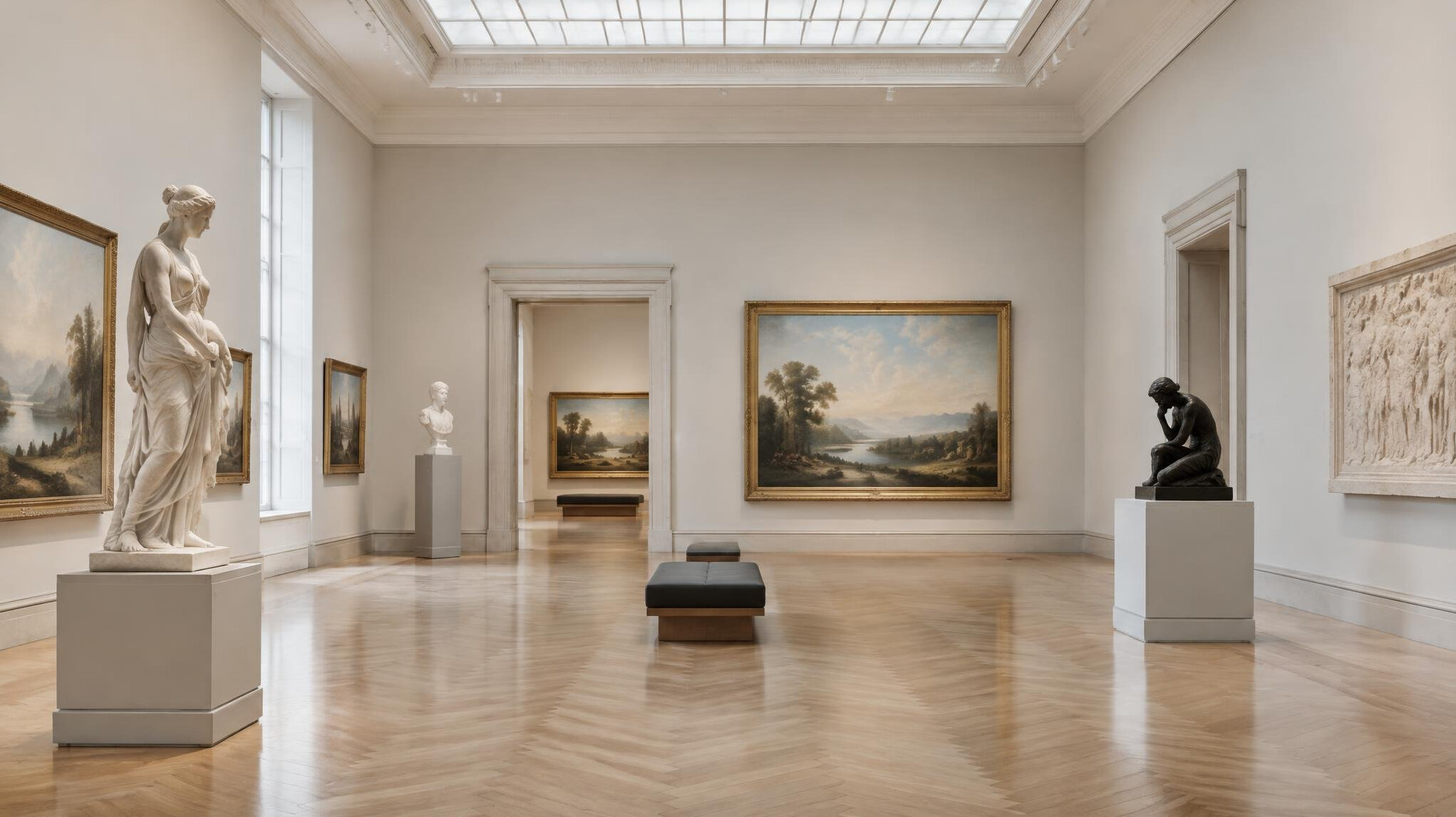 Quiet museum gallery with high ceiling and soft light