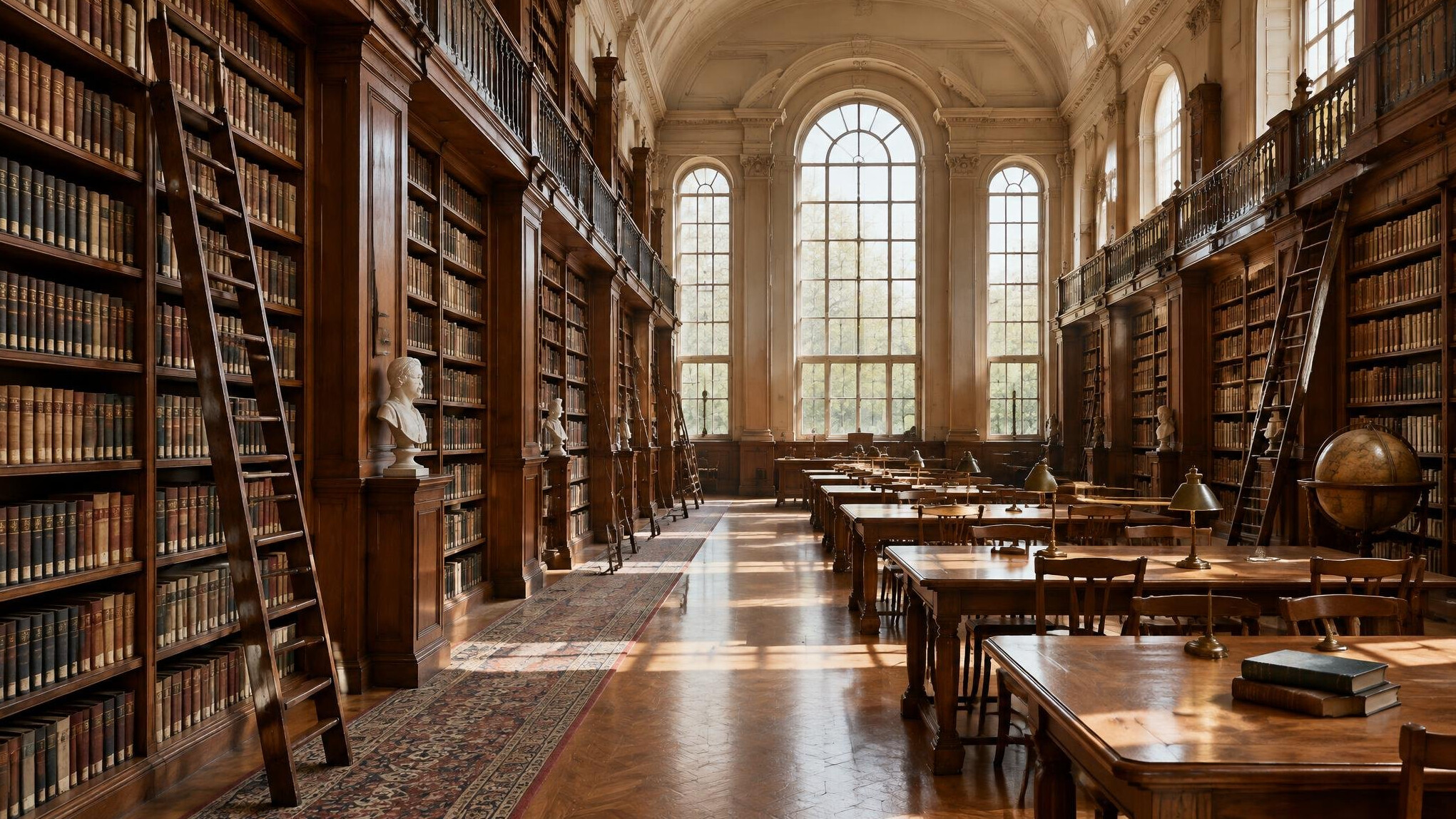 Grand library interior with tall shelves and wooden ladders
