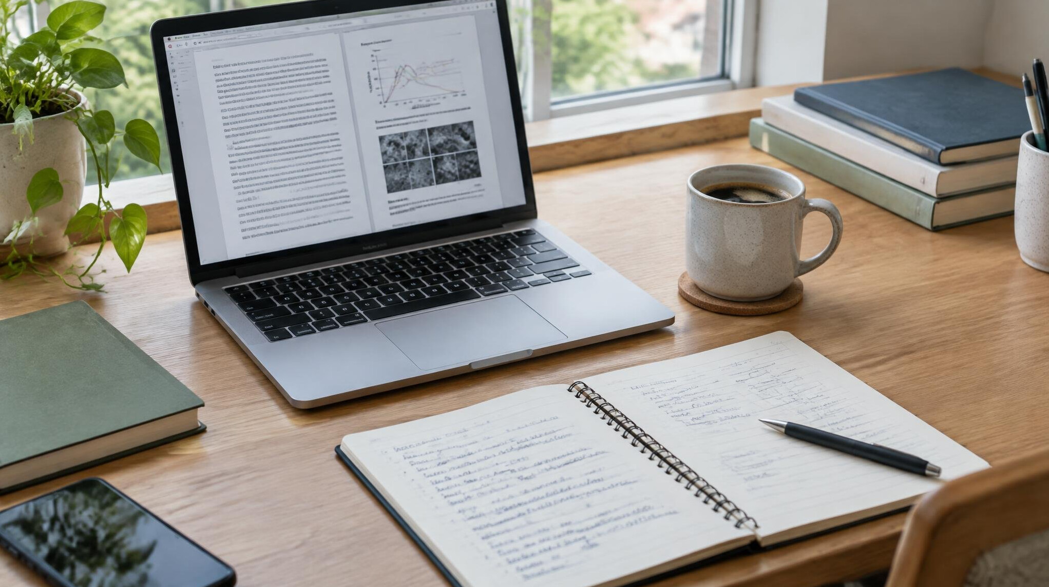 Laptop and notes on a desk during research work